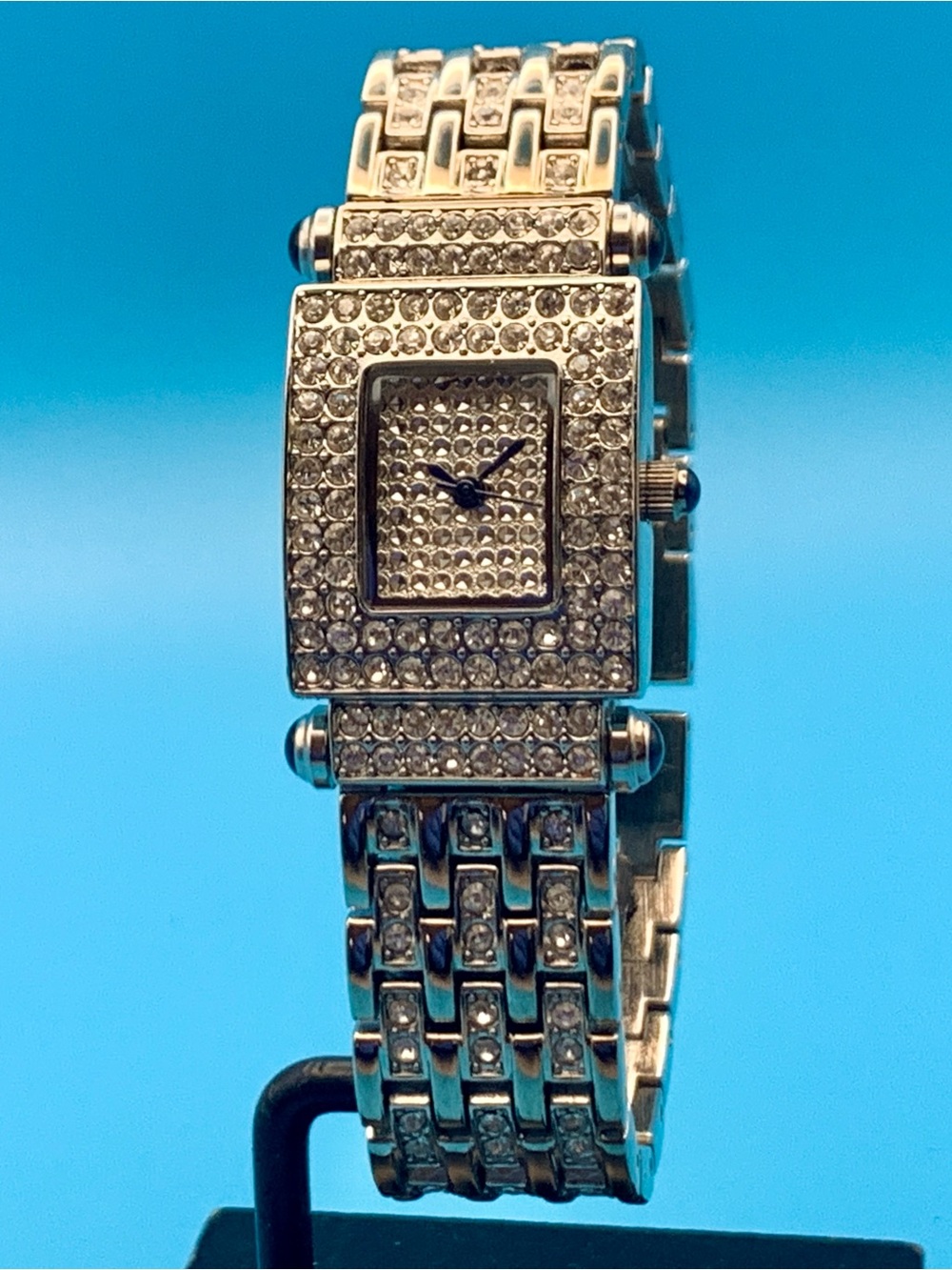 ADRIENNE Women’s Crystal Studded Tank Wristwatch Japan Movt Working New Battery